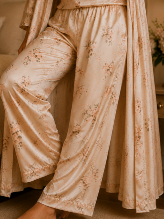 Women’s Cream Floral Satin 3-Piece Lounge Set with Long Robe