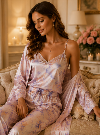 Women’s Floral Satin 3-Piece Lounge Set – Pastel Lavender