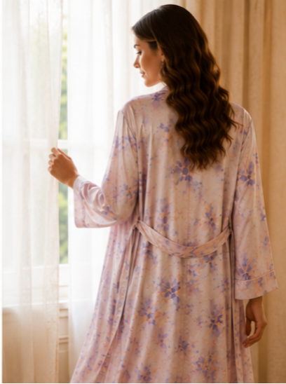 Women’s Floral Satin 3-Piece Lounge Set – Pastel Lavender