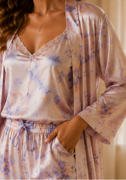Women’s Floral Satin 3-Piece Lounge Set – Pastel Lavender