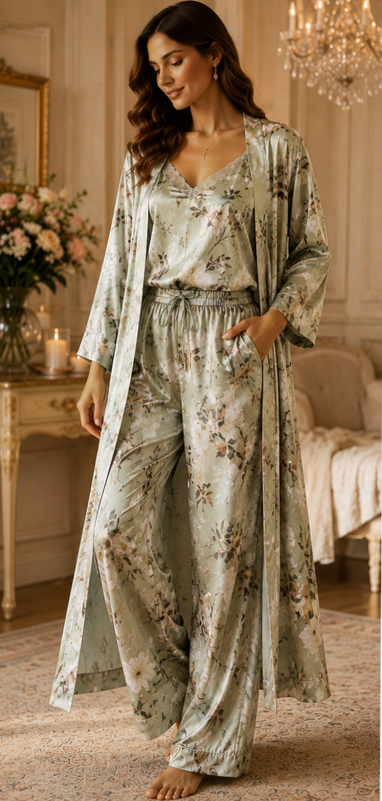 Women’s Floral Satin 3-Piece Lounge Set – Sage Green