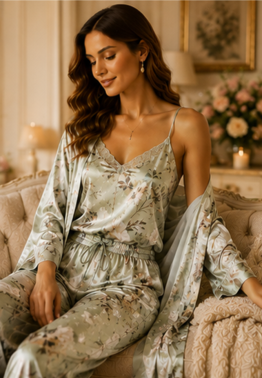 Women’s Floral Satin 3-Piece Lounge Set – Sage Green