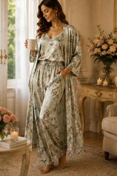 Women’s Floral Satin 3-Piece Lounge Set – Sage Green