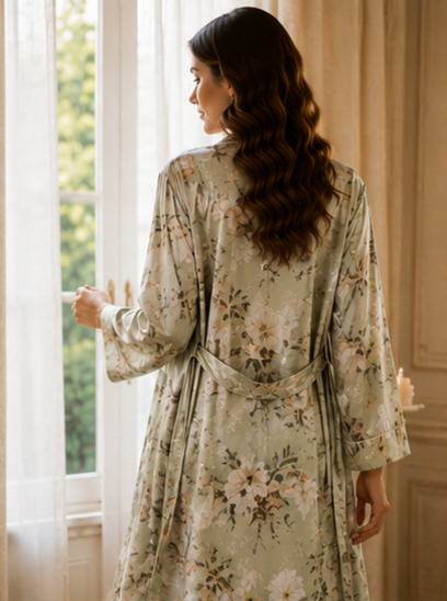 Women’s Floral Satin 3-Piece Lounge Set – Sage Green