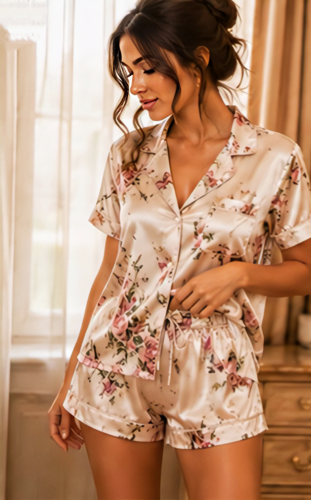 Women’s Floral Satin Short Night Suit Set – Button-Down Top with Shorts