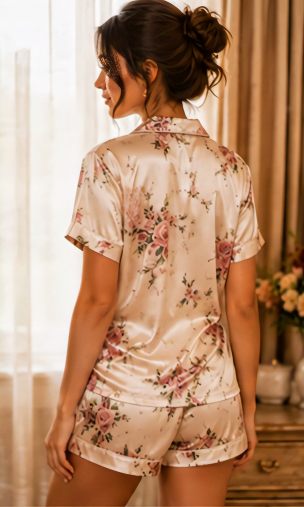 Women’s Floral Satin Short Night Suit Set – Button-Down Top with Shorts