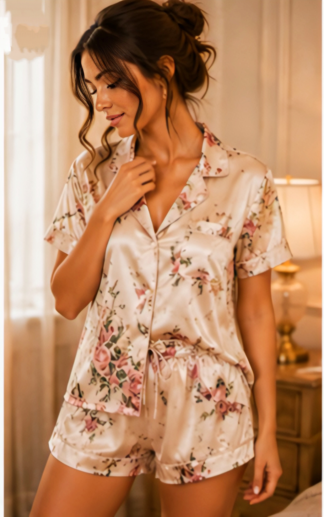 Women’s Floral Satin Short Night Suit Set – Button-Down Top with Shorts