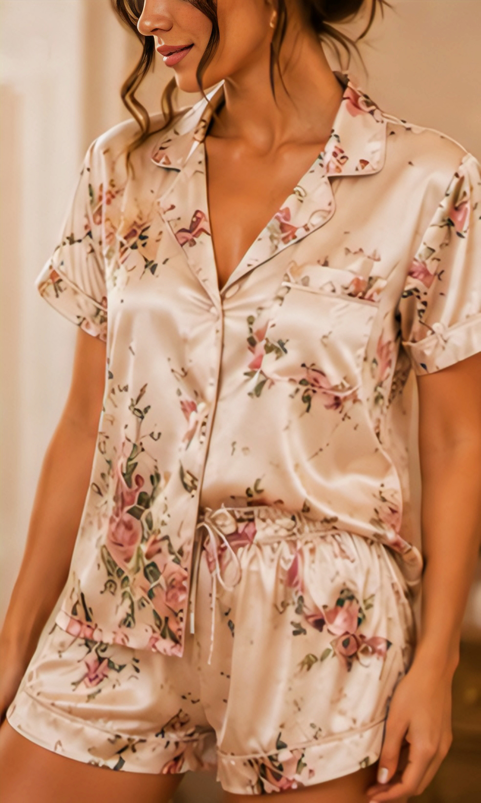 Women’s Floral Satin Short Night Suit Set – Button-Down Top with Shorts
