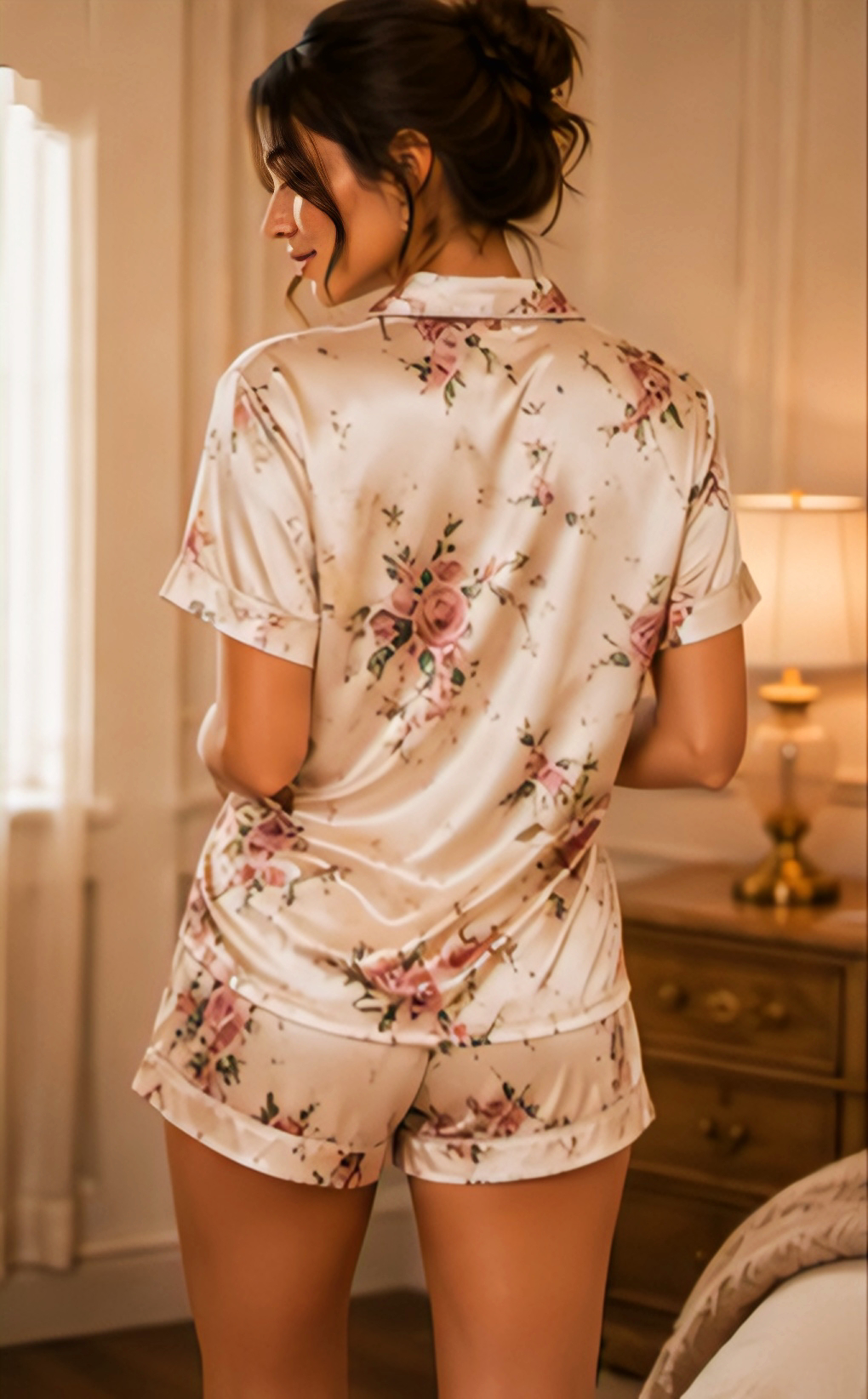 Women’s Floral Satin Short Night Suit Set – Button-Down Top with Shorts