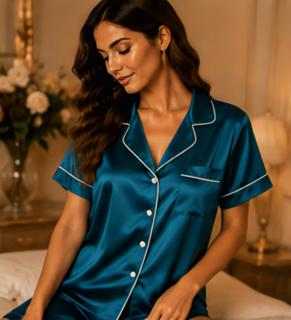 Women’s Plain Satin Short Sleeve Button-Down Top with Matching Shorts
