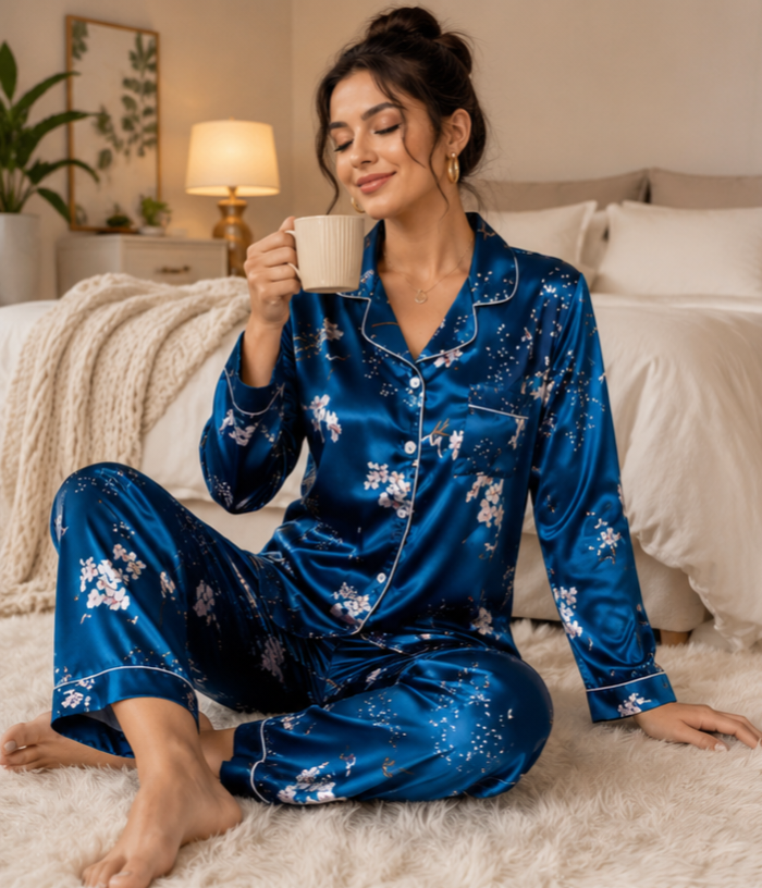 Women’s Blue Floral Satin Night Suit Set | Full Sleeve Button-Down Pajama Set  Product Description