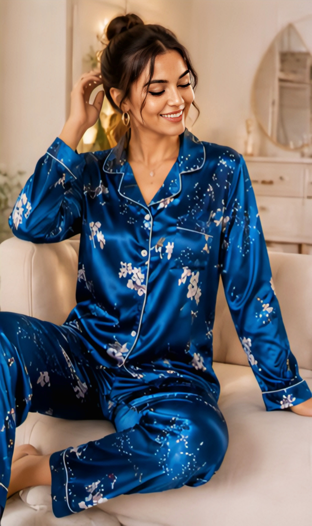 Women’s Blue Floral Satin Night Suit Set | Full Sleeve Button-Down Pajama Set  Product Description