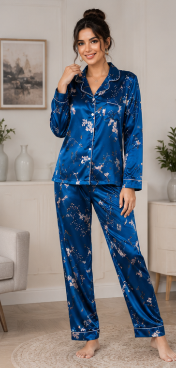 Women’s Blue Floral Satin Night Suit Set | Full Sleeve Button-Down Pajama Set  Product Description