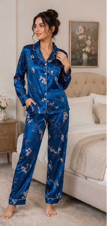 Women’s Blue Floral Satin Night Suit Set | Full Sleeve Button-Down Pajama Set  Product Description