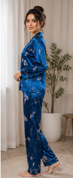 Women’s Blue Floral Satin Night Suit Set | Full Sleeve Button-Down Pajama Set  Product Description