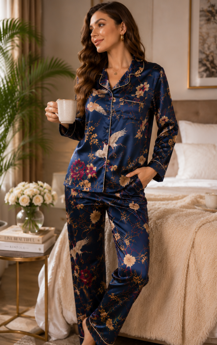 Women’s Navy Blue Floral Satin Night Suit Set