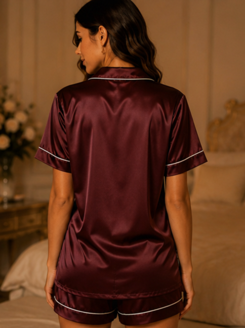 Women's Satin Wine Red Nightwear Set