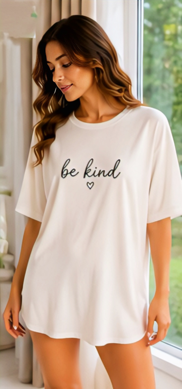 Women’s White “Be Kind” Printed Oversized Sleep T-Shirt Nightwear