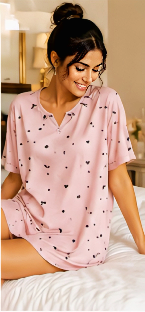 Women’s Pink Heart Print Short Sleeve Night Suit Set