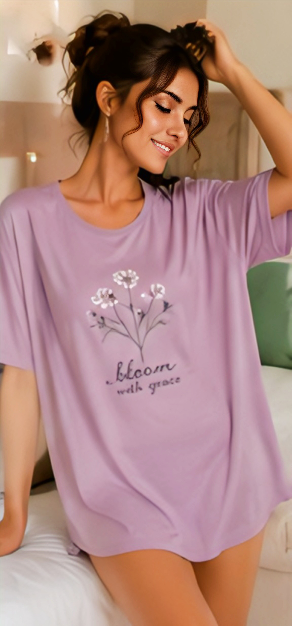 Women’s Lavender “Bloom with Grace” Floral Printed Oversized Sleep T-Shirt