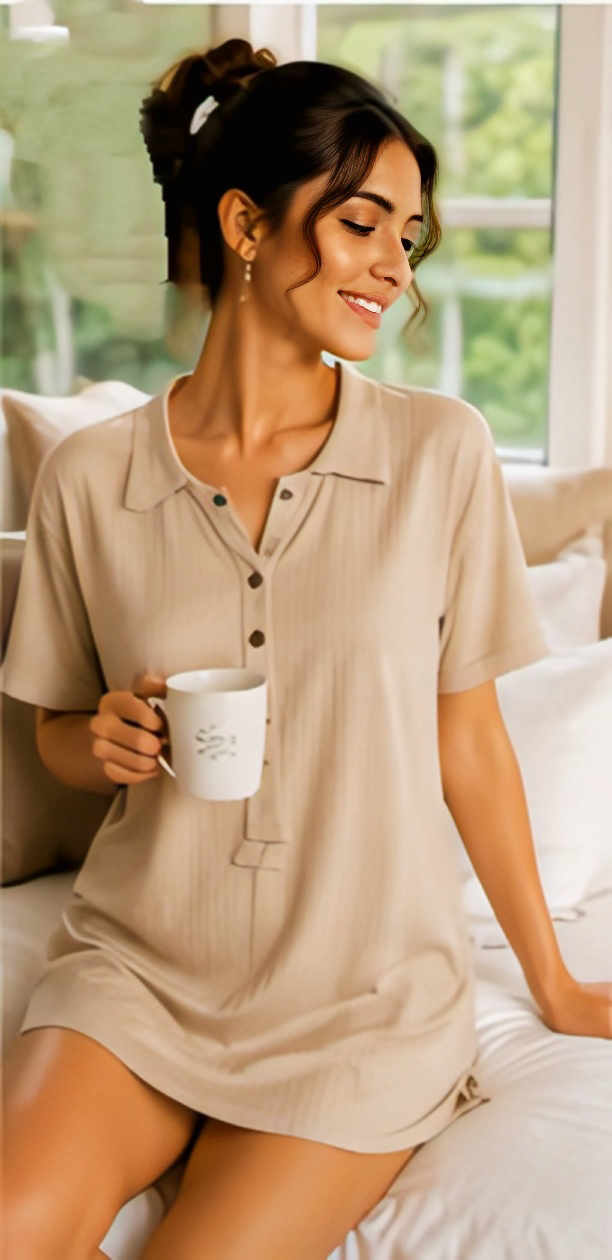 Women’s Beige Button Front Short Sleeve Sleep T-Shirt Nightwear