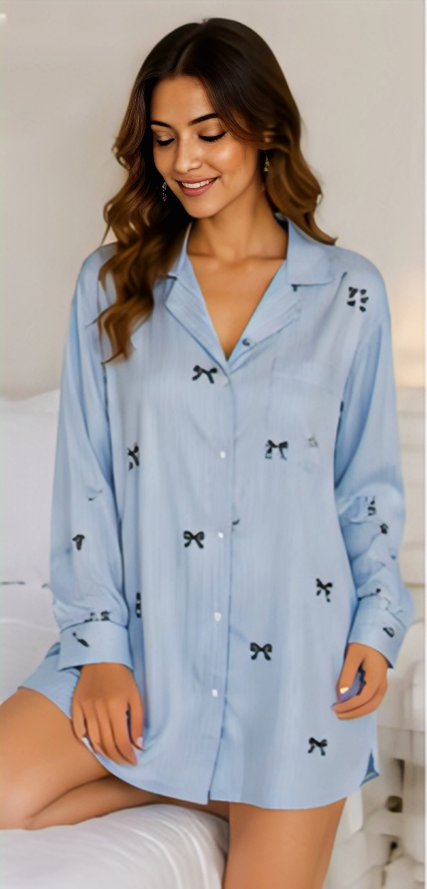 Women’s Light Blue Bow Print Full Sleeve Button Front Sleep Shirt Nightwear