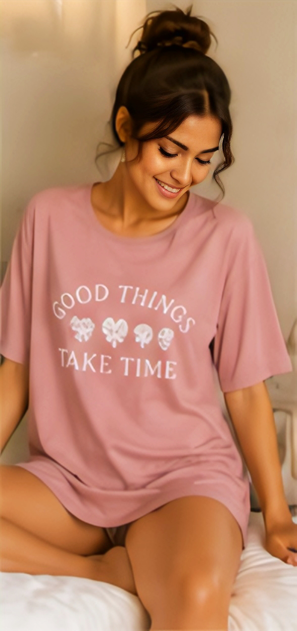 Women’s Pink “Good Things Take Time” Printed Short Sleeve Sleep T-Shirt