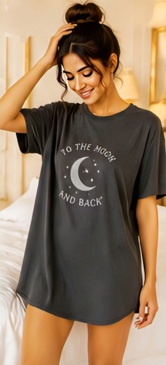 Women’s Charcoal Grey “To the Moon and Back” Printed Oversized Sleep T-Shirt