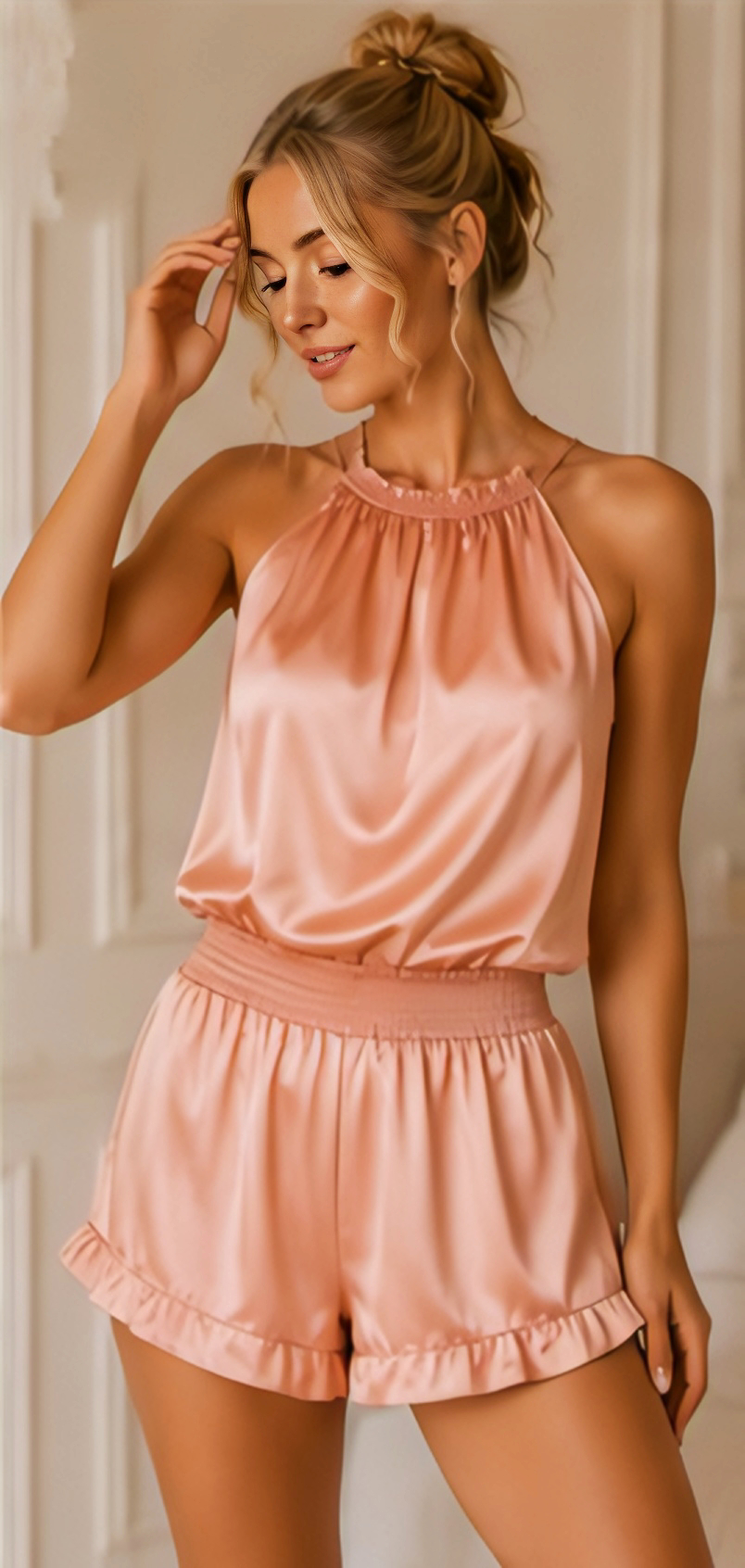 Women's Premium Peach Satin Halter Neck Cami & Shorts Nightwear Set | Soft Luxury Sleepwear for Women