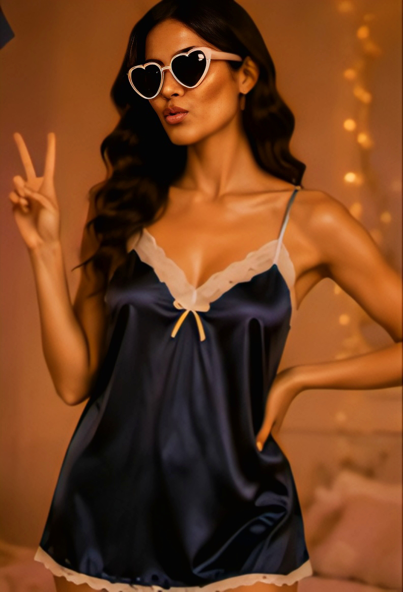 Women’s Navy Blue Satin Lace Nightdress | Elegant Spaghetti Strap Sleepwear