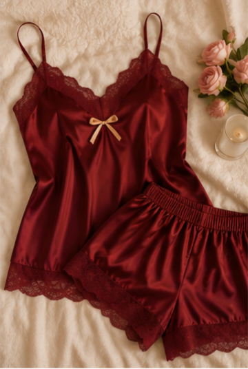 Wine Satin Lace Babydoll Nightdress for Women