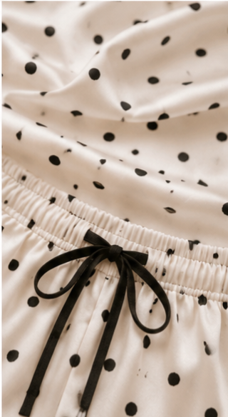 Women White Satin Night Suit Set With Black Polka Dot Print | Sleeveless Camisole Top & Shorts Sleepwear