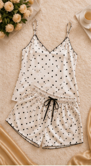 Women White Satin Night Suit Set With Black Polka Dot Print | Sleeveless Camisole Top & Shorts Sleepwear
