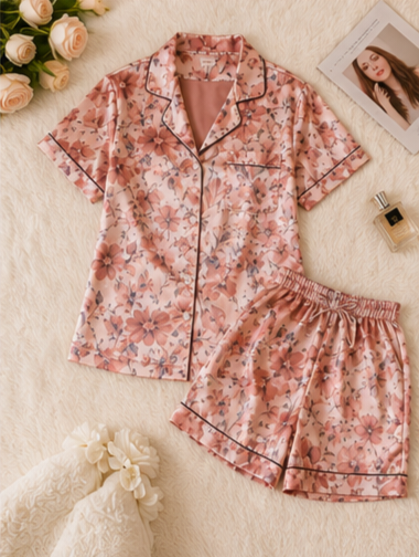 Women’s Floral Satin Short 2 Pcs. Nightwear Set