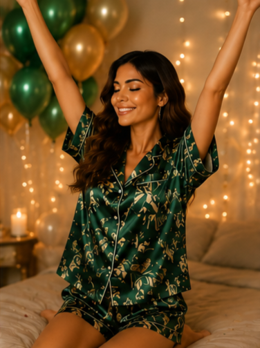 Emerald Floral Satin Short Night Suit Set
