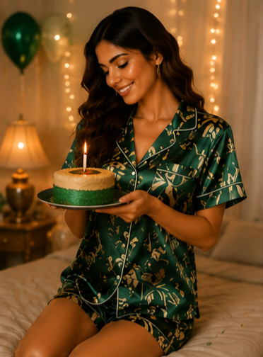 Emerald Floral Satin Short Night Suit Set