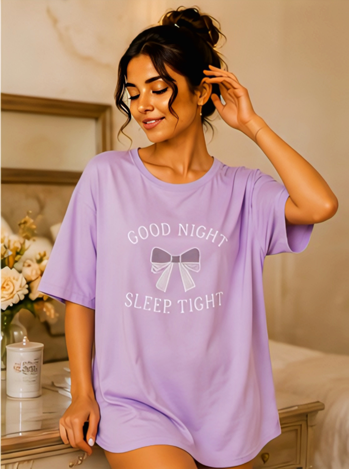Women’s Lavender Good Night Sleep Tight Printed Oversized T-Shirt Nightwear