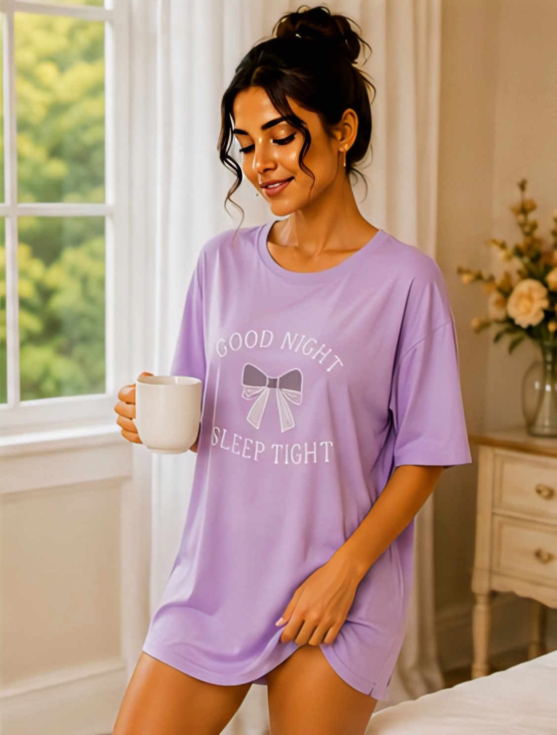 Women’s Lavender Good Night Sleep Tight Printed Oversized T-Shirt Nightwear