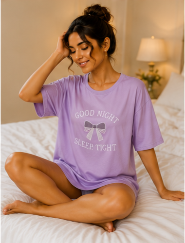 Women’s Lavender Good Night Sleep Tight Printed Oversized T-Shirt Nightwear