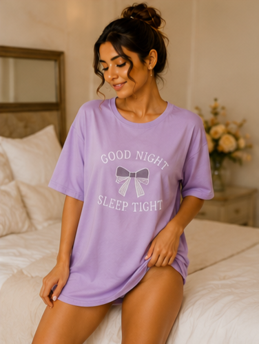 Women’s Lavender Good Night Sleep Tight Printed Oversized T-Shirt Nightwear