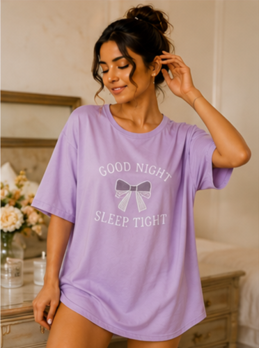 Women’s Lavender Good Night Sleep Tight Printed Oversized T-Shirt Nightwear