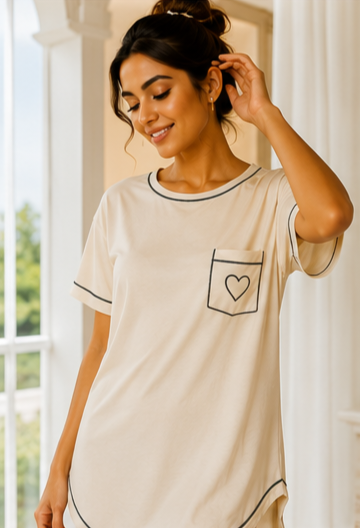 Women’s Cream Short Sleeve Sleep T-Shirt with Contrast Piping and Heart Pocket