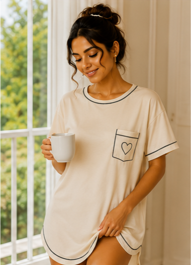 Women’s Cream Short Sleeve Sleep T-Shirt with Contrast Piping and Heart Pocket