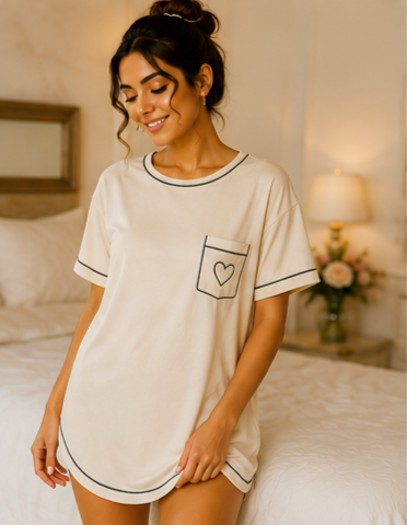 Women’s Cream Short Sleeve Sleep T-Shirt with Contrast Piping and Heart Pocket