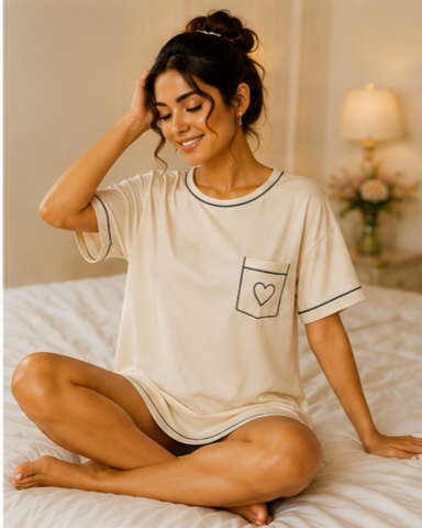 Women’s Cream Short Sleeve Sleep T-Shirt with Contrast Piping and Heart Pocket