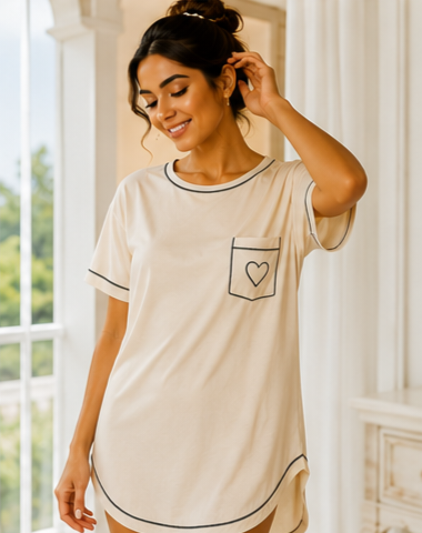 Women’s Cream Short Sleeve Sleep T-Shirt with Contrast Piping and Heart Pocket