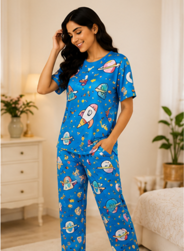 Women’s Blue Space & Rocket Printed Night Suit | Short Sleeve Top with Full Length Pajama Set