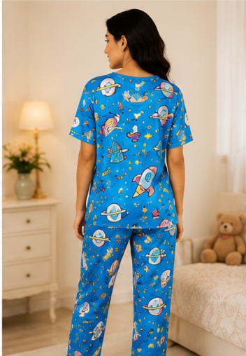 Women’s Blue Space & Rocket Printed Night Suit | Short Sleeve Top with Full Length Pajama Set