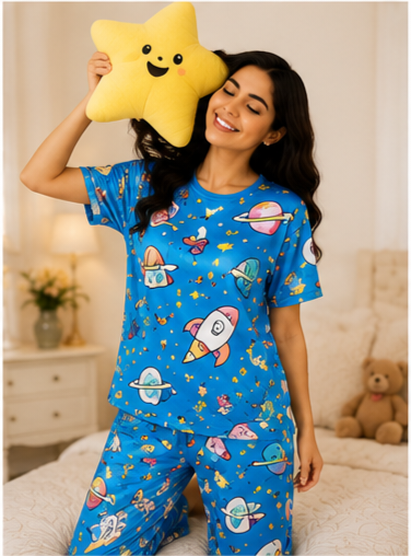 Women’s Lavender Cat Printed Night Suit | Cute Coffee First T-Shirt with Full Length Pajama