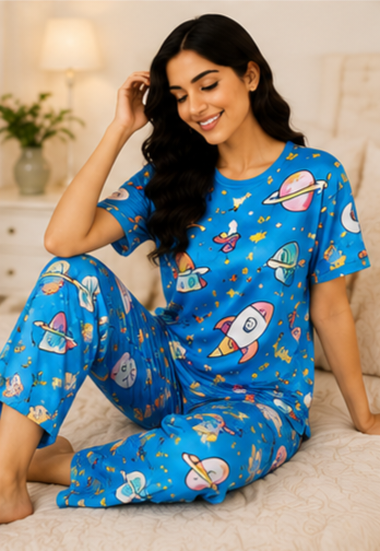 Women’s Lavender Cat Printed Night Suit | Cute Coffee First T-Shirt with Full Length Pajama